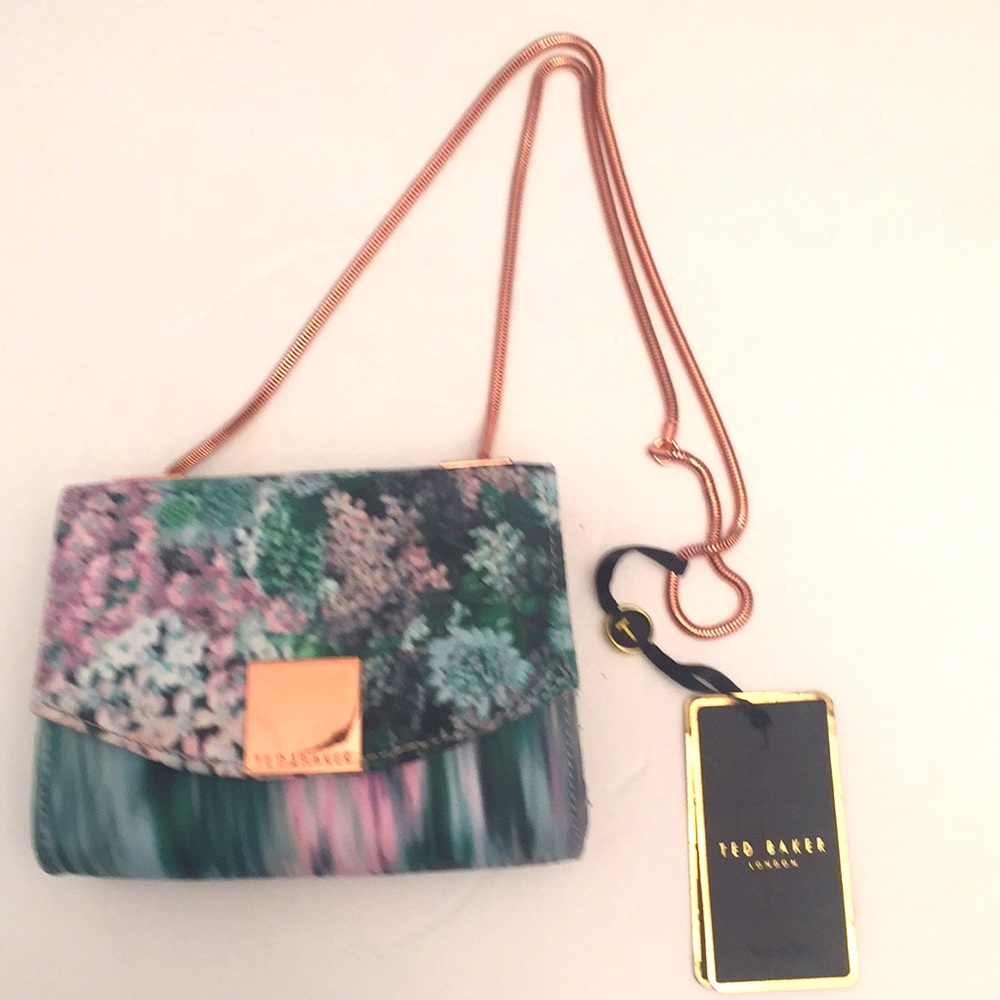 Ted Baker Floral Evening Shoulder Bag Purse with Rose Gold Chain Strap NWT
